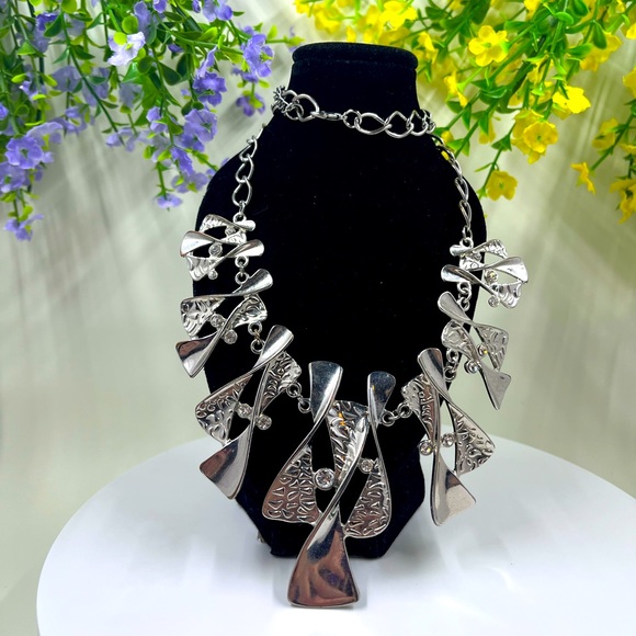 Jewelry - Abstract Art Deco Statement Necklace with White Crystal Accents